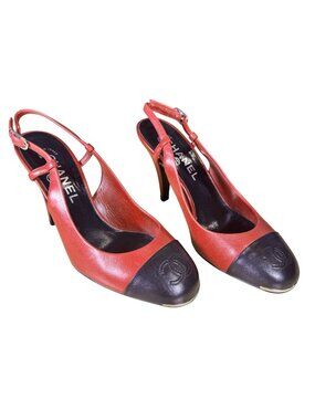 Chanel Cap Toe Slingback Red Black Interlocking CC Pump Size 37.5